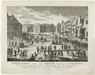 Los patriotas dejan el Neude en Utrecht, 1787 Representación de la Neude de Utrecht, tal como aparecía cuando estaba desierta en la noche del siglo XV. y el XVI. Septiembre MDCCLXXXVII (título sobre objeto)