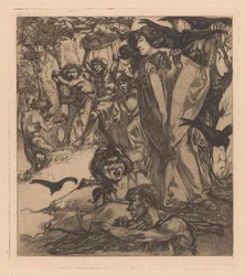 Paisaje boscoso con personas, cuervos y sátiros