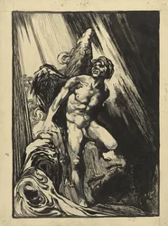 Lucifer en un paisaje rocoso junto a un arroyo, mirando hacia la luz