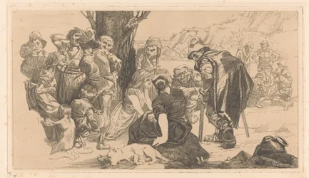 Hombres, mujeres y niños junto a un árbol