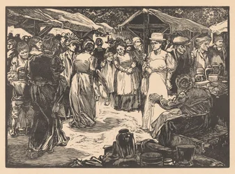 Escena de mercado con hombres y mujeres