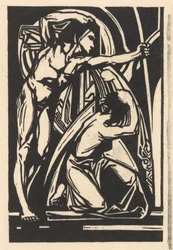 Hombre de pie y mujer arrodillada