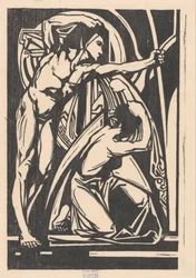 Hombre de pie y mujer arrodillada