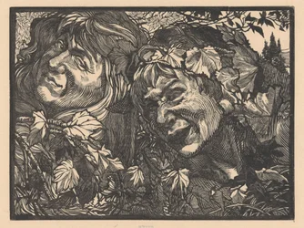 Dos bacantes rodeados de hojas de parra