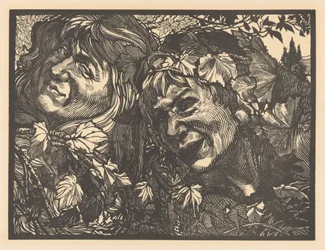 Dos bacantes rodeados de hojas de parra