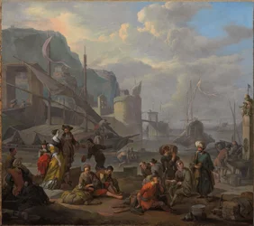 Un puerto mediterráneo con una pareja elegante y viajeros descansando en el muelle