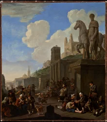 Escena de calle con capricho de edificios romanos