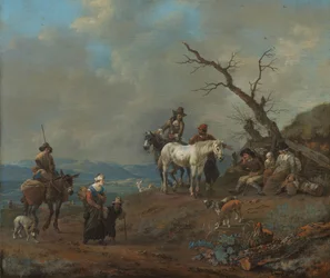 Carretera rural con cazador y campesinos