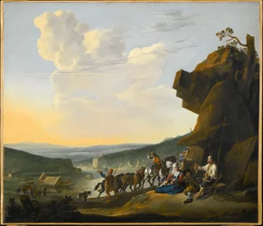 Alemán: Südliche Landschaft mit Fähre Paisaje meridional con vistas a una bahía, con viajeros descansando.