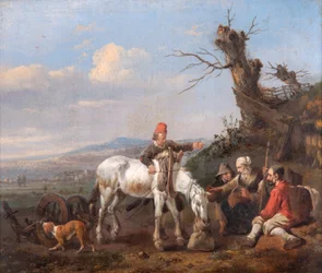 Paisaje con viajeros descansando (óleo sobre tabla de roble)