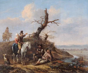 Paisaje con viajeros descansando y pareja a caballo (óleo sobre tabla de roble)