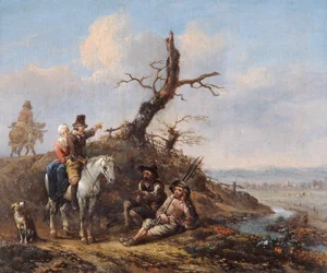 Paisaje con viajeros descansando y pareja a caballo