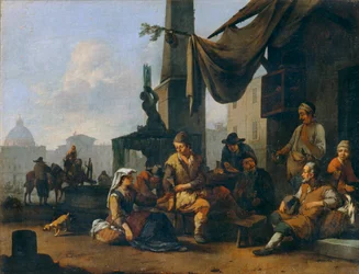 Campesinos italianos bebiendo a la puerta de un hotel romano ...