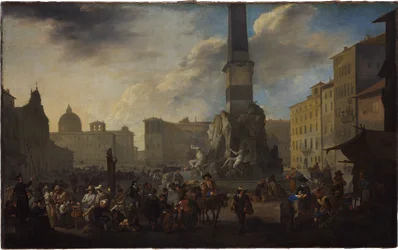 Escena de mercado romano en la Piazza Navona
