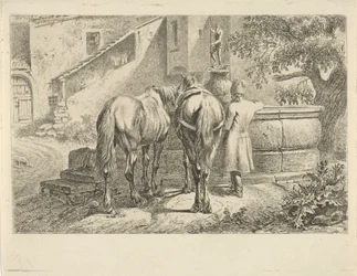 Caballos bebiendo junto a una fuente