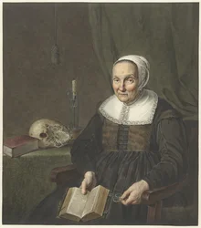 Retrato de una anciana sentada con un libro abierto