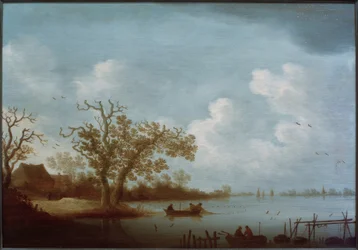 Paisaje fluvial holandés con casas de campo y barcos de pesca