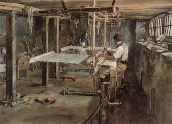 Pareja de tejedores de Appenzell trabajando en el telar manual, alrededor de 1830