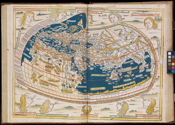 La primera edición de Ptolomeo impresa en Alemania, y la primera con mapas xilográficos. Encuadernación original.