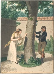 Joven y chica jugando al escondite