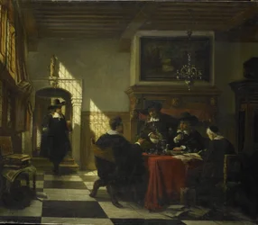 Compañía en traje del siglo XVII en una mesa en la que una copa Nautilus