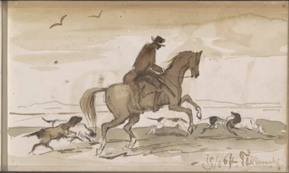 Paisaje con un jinete y perros corriendo