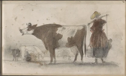 Pradera con vacas y una campesina con un yugo