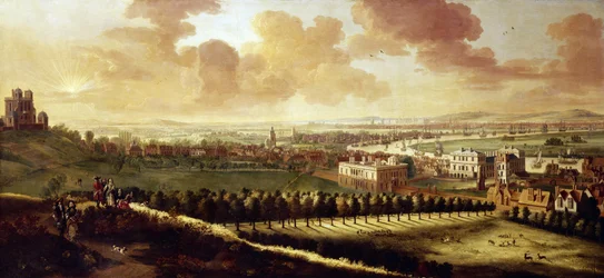Vista de Greenwich y Londres (Inglaterra), hacia 1680, con el Real Observatorio a la izquierda, en el centro, la Casa de la Reina, y ciervos bramando libres en el parque.