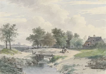 Paisaje con puente y figuras delante de una granja