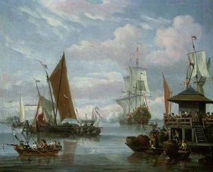 Escena de estuario con barcos y pescador