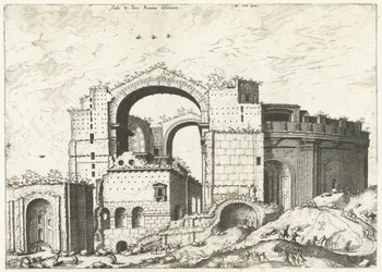 Gezicht op de Sint Pieter en Roma Deformación del Aedis D. Peter Romana (título sobre objeto) Ruinas romanas, 1561 (título de la serie)