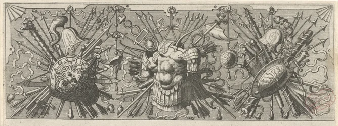 panoplia. Friso con armas romanas, parte superior Panoplia sev armamentarium… (título de la serie)