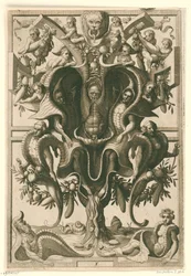 Ornamento en forma de concha en el que se encarcelan figuras. Veelderleij Wisselinghe van grotissen ende Compertimenten (...) Libro Primo (título de la serie)