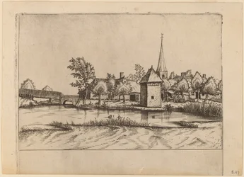 Pueblo rural con iglesia y puente