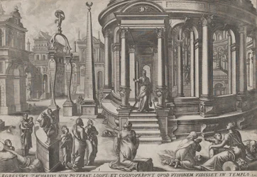 Zacarías saliendo del Templo, de la serie Eventos en y alrededor del Templo, ca. 1572. Creadores: Johannes van Doetecum I, Lucas van Doetecum