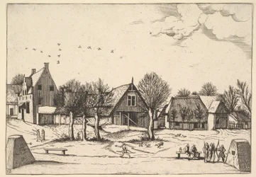 Pueblo rural, arqueros en primer plano de Multifariarum casularum ruriumque linea..., 1559-61