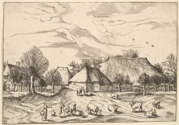 Granjas, ganado con pastores y lecheras en primer plano de Multifariarum casularu..., 1559-1561