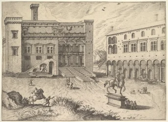 Vista del Campidoglio en la Colina Capitolina, con estatua ecuestre en la esquina inferior derecha, 1562