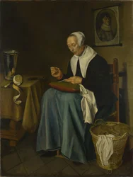 Una anciana sentada cosiendo, 1655