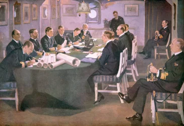 El almirante Sir David Beatty lee los términos del Armisticio a los delegados alemanes a bordo del HMS Queen Elizabeth en Rosyth