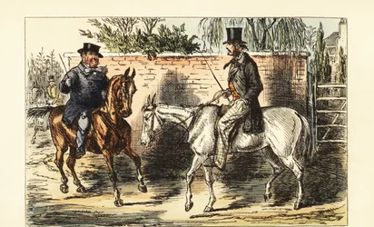 Caballero inglés en un viejo caballo rechazado por un hombre en un caballo bayo