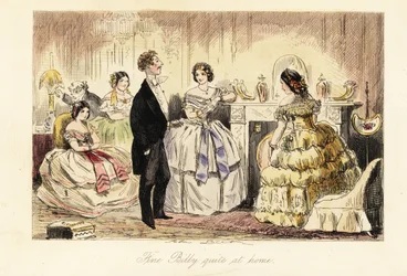 Caballero inglés visitando a una dama y sus hijas en un salón