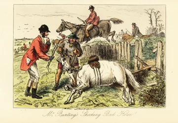 Caballero inglés con su caballo caído durante una cacería de zorros