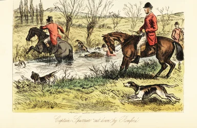 Cazador inglés cruzando un río con perros de caza