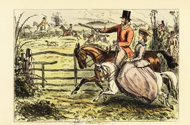 Dama inglesa montando de lado en una cacería de zorros