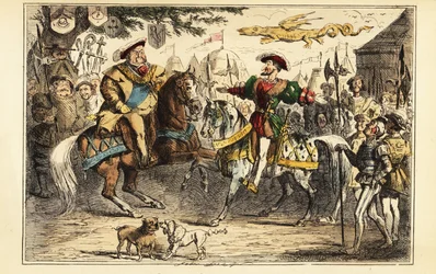 Enrique VIII de Inglaterra reuniéndose con Francisco I de Francia a caballo en el Campo del Paño de Oro, 7 de junio de 1520