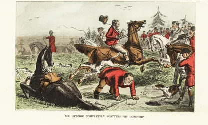 Cazador perdiendo el control de su caballo durante una cacería de zorros