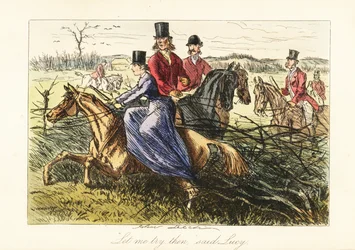 Dama montando de lado en un caballo atascado en una cerca durante una caza de zorros