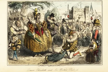 Sir Walter Raleigh colocando su capa sobre un charco para la Reina Isabel I en Greenwich