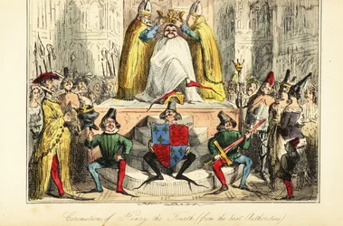 La coronación del rey Enrique IV de Inglaterra con una enorme corona